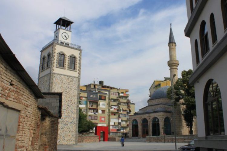 Mirahor Clock Tower and Mosque of Korca City in Albania