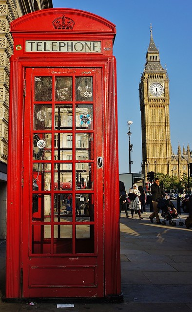 Phone booth and double-decker bus in England